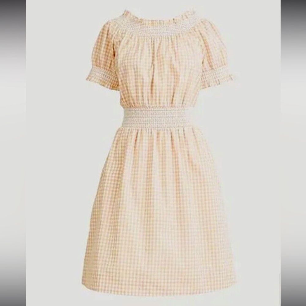 J. Crew Women’s Large Tan White Gingham Plaid Smock Cotton Poplin Mini Dress